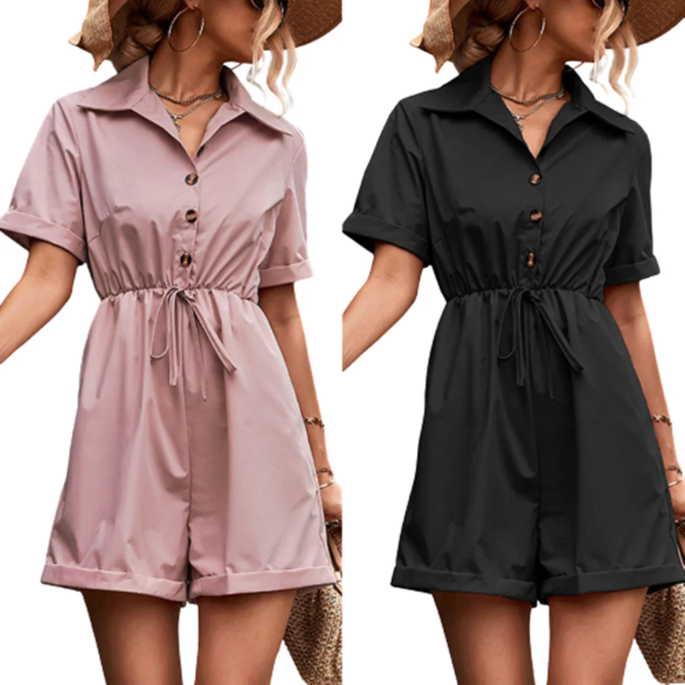 Summer Shirt Pink Jumpsuits Women's Elegant Lapel Button Tie Overalls Fashion Street Short Sleeved Black Wide Leg Shorts Pants
Summer Shirt Pink Jumpsuits Women's Elegant Lapel Button Tie Overalls Fashion Street Short Sleeved Black Wide Leg Shorts Pants
