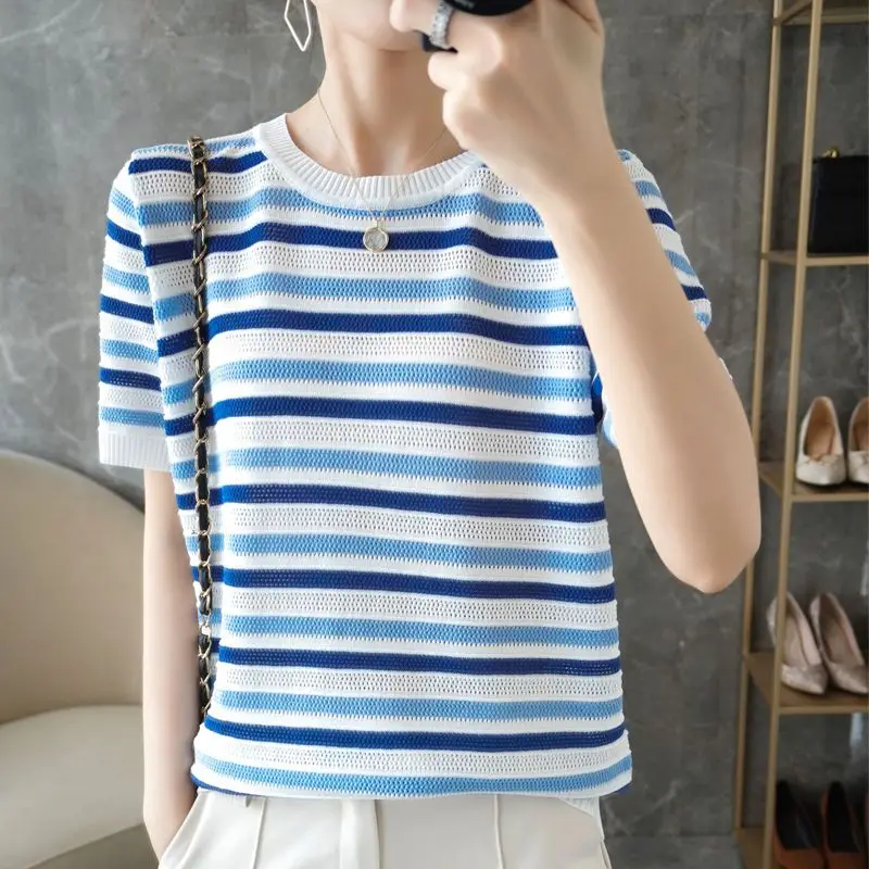 2023 Summer Women New Hollow Out Knitted Tops Female Ice Silk Stripe Tee Shirts Ladies Short Sleeve Round Neck T-shirt A35
2023 Summer Women New Hollow Out Knitted Tops Female Ice Silk Stripe Tee Shirts Ladies Short Sleeve Round Neck T-shirt A35