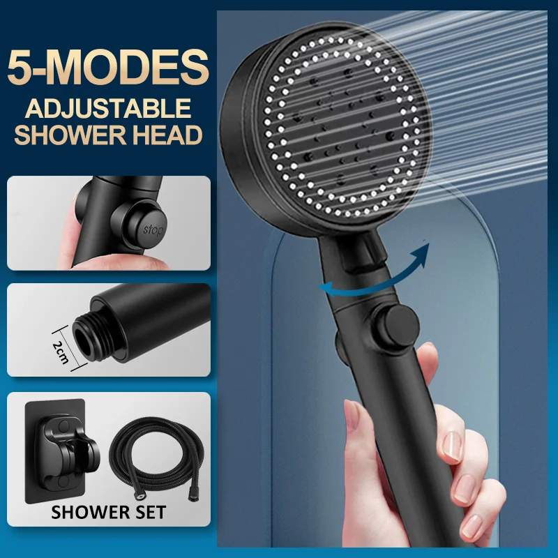 5 Modes Water Saving Shower Head Black Adjustable High Pressure Shower One-key Stop Water Massage Shower Head For Bathroom
5 Modes Water Saving Shower Head Black Adjustable High Pressure Shower One-key Stop Water Massage Shower Head For Bathroom