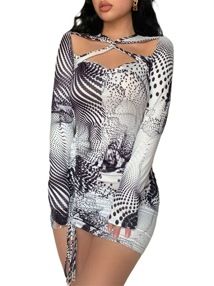 Women Bodycon Dress Long Sleeve Twist V Neck Dots Print Hollowed Drawstring Club Party Dress
Women Bodycon Dress Long Sleeve Twist V Neck Dots Print Hollowed Drawstring Club Party Dress
