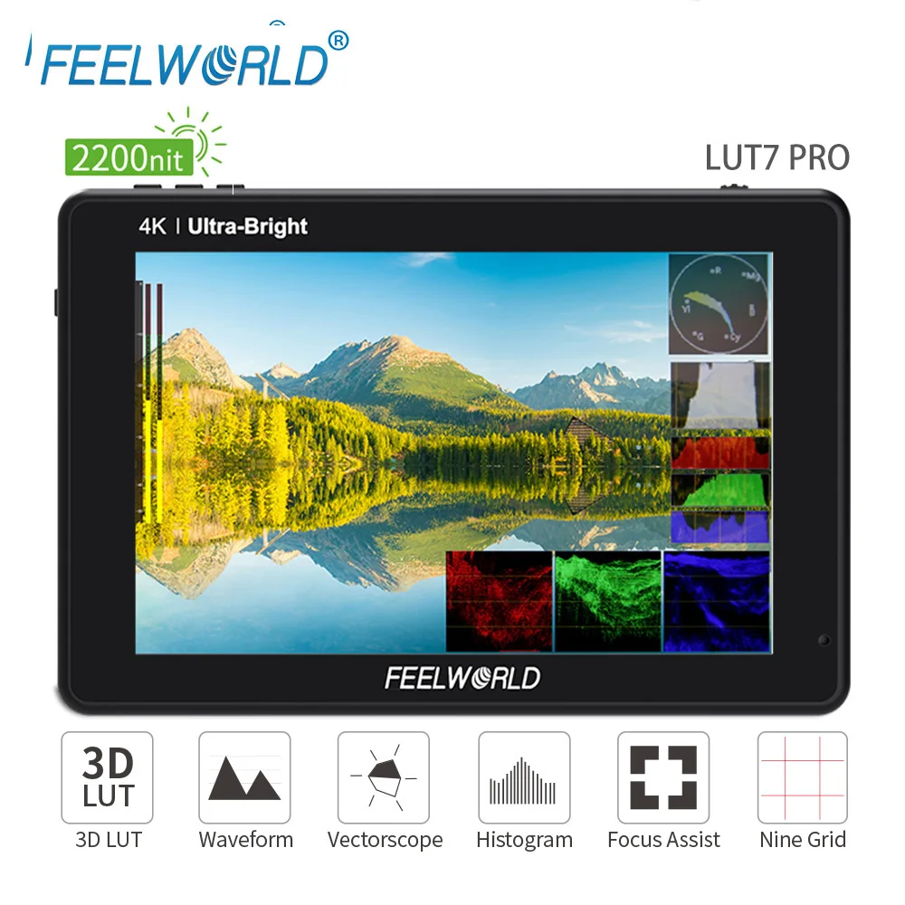 FEELWORLD LUT7 PRO 7 Inch 2200nits DSLR Camera Field Monitor 3D LUT Touch Screen HDR UltraBright 4K HDMI Input Output 1920X1200
FEELWORLD LUT7 PRO 7 Inch 2200nits DSLR Camera Field Monitor 3D LUT Touch Screen HDR UltraBright 4K HDMI Input Output 1920X1200