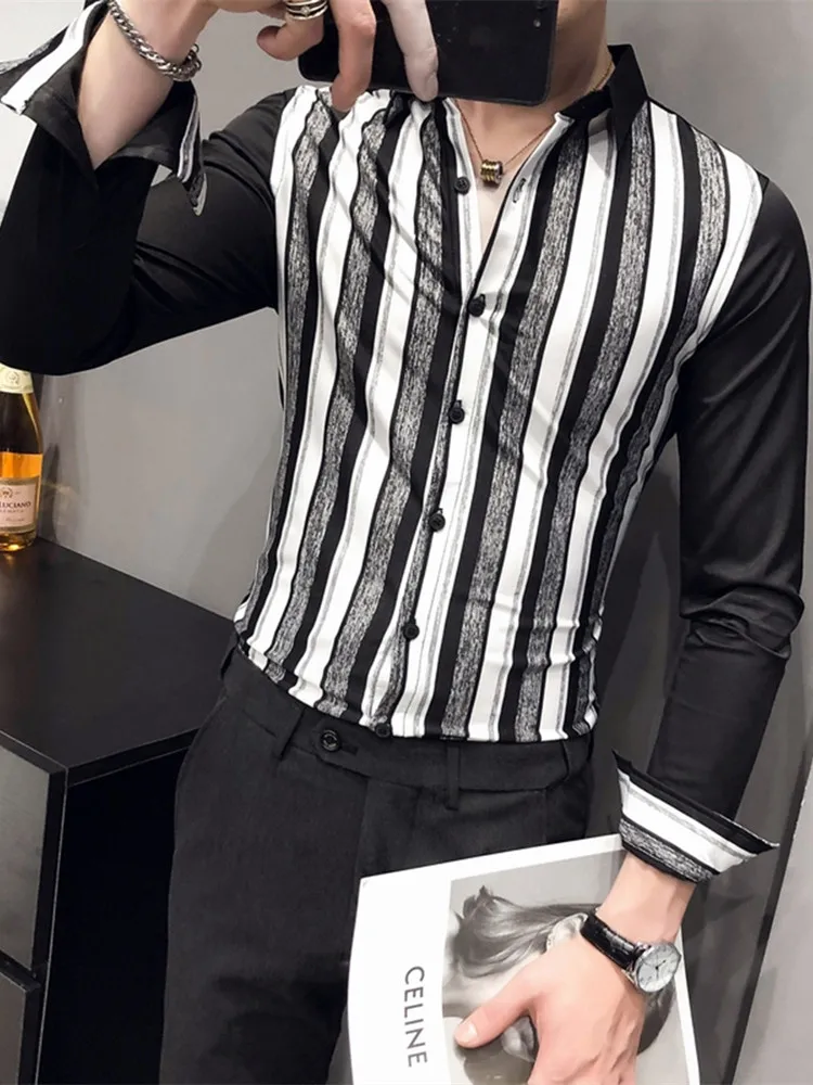 Men's Shirt Spring and Autumn Slim Striped Stitching Long-sleeved Shirt Cotton Fashion British Style Men's Stage Style Shirt Men
Men's Shirt Spring and Autumn Slim Striped Stitching Long-sleeved Shirt Cotton Fashion British Style Men's Stage Style Shirt Men