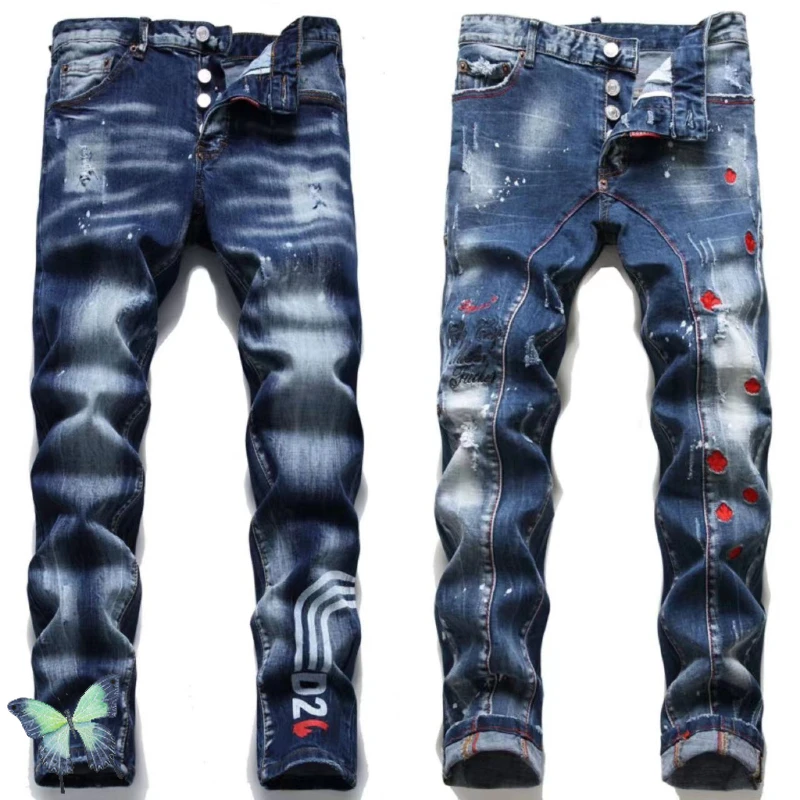 

Stretch Paint Spot Decorated Button Fly Blue Denim Pants Men DSQ2 Jeans