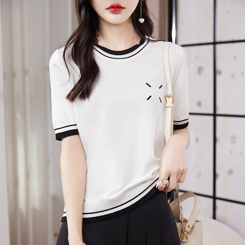 Summer Thin Ice Silk Round Neck Contrast Fashion Short-Sleeved Ladies Commuting Age-Reducing Knitted Bottoming Shirt
Summer Thin Ice Silk Round Neck Contrast Fashion Short-Sleeved Ladies Commuting Age-Reducing Knitted Bottoming Shirt
