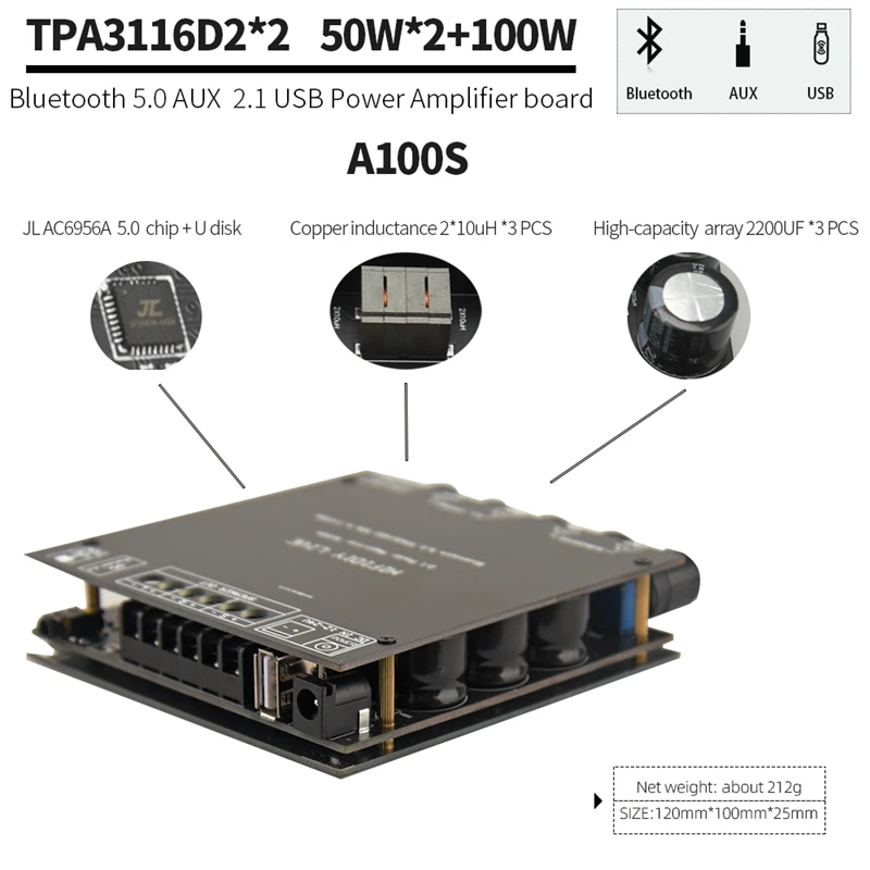S100L Bluetooth 5,0 2,1 канальный мощный аудио стерео усилитель сабвуфера плата 50 Вт x2 + 100 Вт усилитель для настройки высоких басов и заметок
S100L Bluetooth 5,0 2,1 канальный мощный аудио стерео усилитель сабвуфера плата 50 Вт x2 + 100 Вт усилитель для настройки высоких басов и заметок
