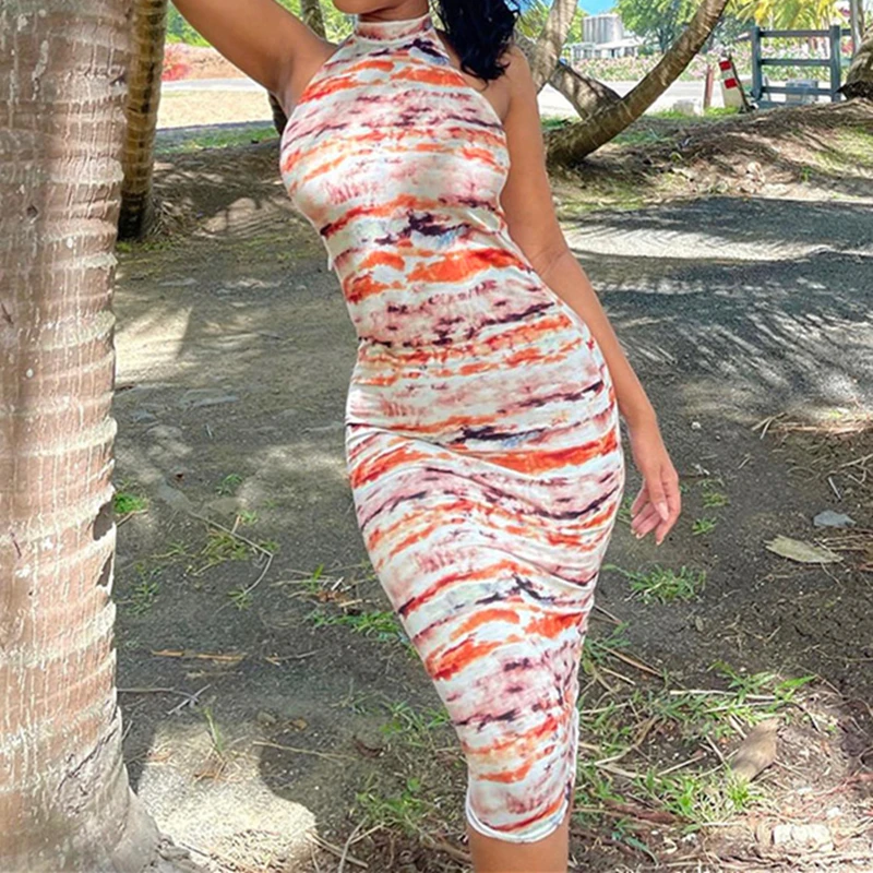 Женское винтажное платье с открытой спиной, облегающее платье миди без рукавов, с лямкой на шее, с принтом, для клуба и вечеринки, 2022 
Женское винтажное платье с открытой спиной, облегающее платье миди без рукавов, с лямкой на шее, с принтом, для клуба и вечеринки, 2022