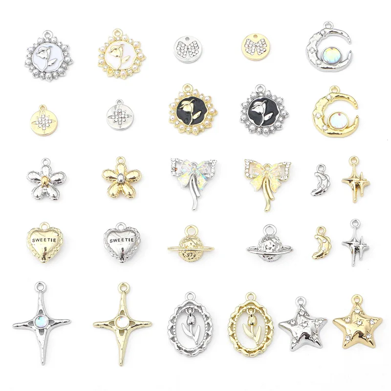 

2Pcs New Golden\Silver Color Star Tulip Rose Alloy Charm Rhinestone Pendant for Necklace Bracelet Jewerly Making DIY Accessories