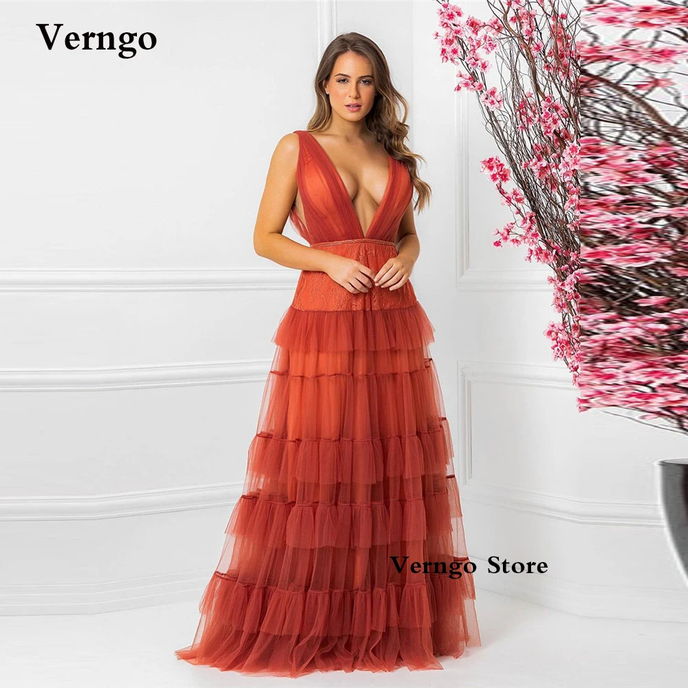 Verngo Burnt Orange Tulle Long Prom Dresses Deep V Neck Tiered Floor Length Evening Gowns Elegant Women Formal Party Dress
Verngo Burnt Orange Tulle Long Prom Dresses Deep V Neck Tiered Floor Length Evening Gowns Elegant Women Formal Party Dress