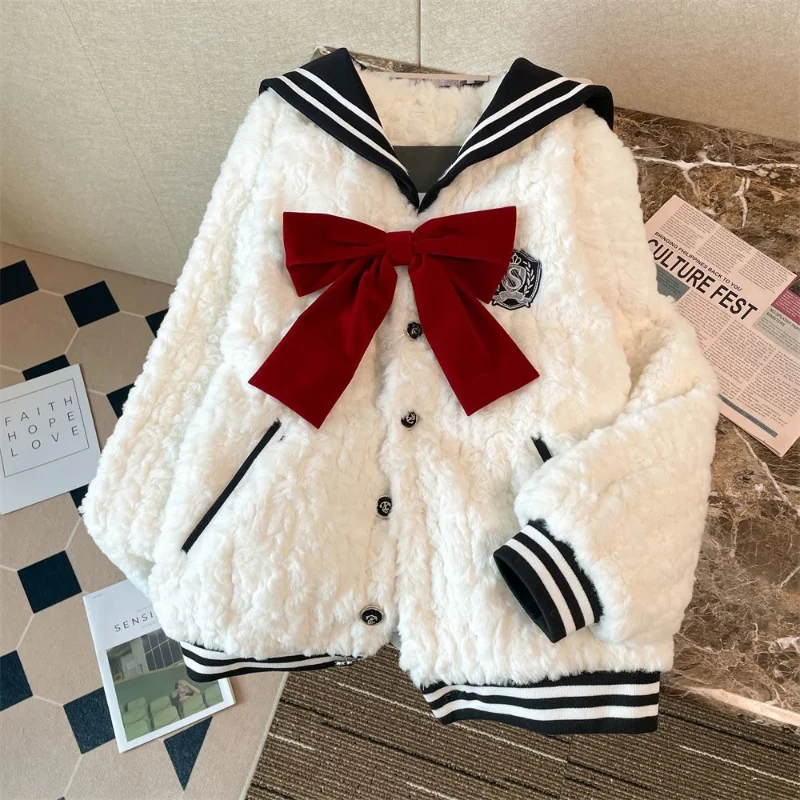 Korean fashion women's coat college style navy collar bow splicing thickened cashmere slim cotton coat women autumn and winter
Korean fashion women's coat college style navy collar bow splicing thickened cashmere slim cotton coat women autumn and winter