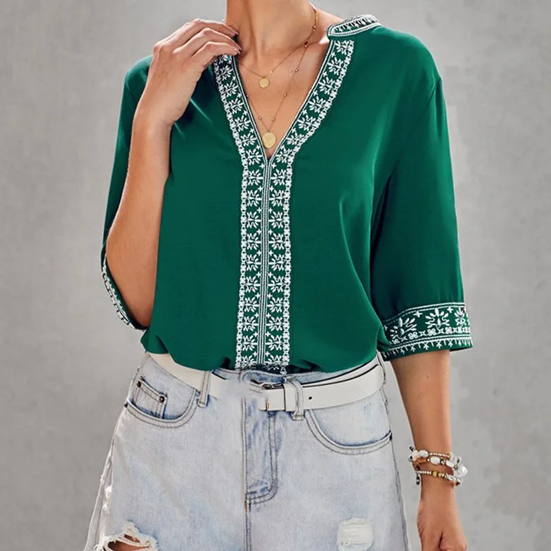 Fashion Embroidery Loose Shirt Summer Printed Bohemia Tops Women's Clothes Half Sleeve V-neck Green Blouse Blusas De Mujer 20886
Fashion Embroidery Loose Shirt Summer Printed Bohemia Tops Women's Clothes Half Sleeve V-neck Green Blouse Blusas De Mujer 20886