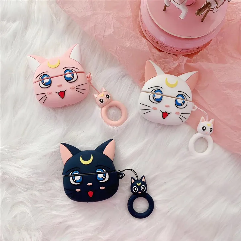 

Sailor Moon Cute Keychain Cartoon Luna Cat Earphone Cover Case For Airpods 1 2 3 Pro Headphone Box Charging Protective Keyring