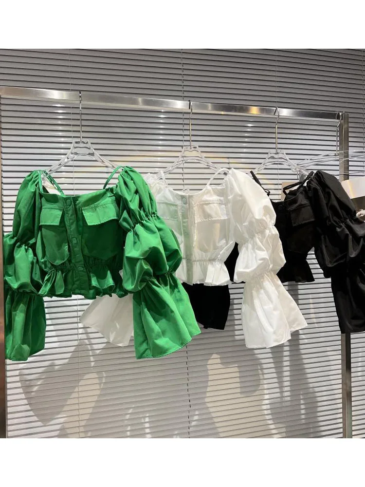 HIGH QUALITY Newest Fashion Summer 2022 Runway Designer Shirt Women's Slash Neck Puff Sleeve Spaghetti Strap Blouse Shirt 
HIGH QUALITY Newest Fashion Summer 2022 Runway Designer Shirt Women's Slash Neck Puff Sleeve Spaghetti Strap Blouse Shirt