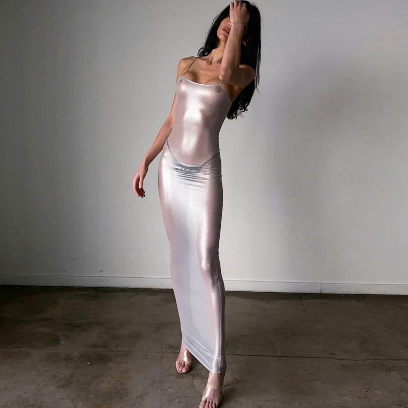 

Сексуальное прозрачное платье-макси на бретелях-спагетти, облегающее женское летнее пляжное платье без рукавов с открытой спиной 2023, Женская Клубная одежда