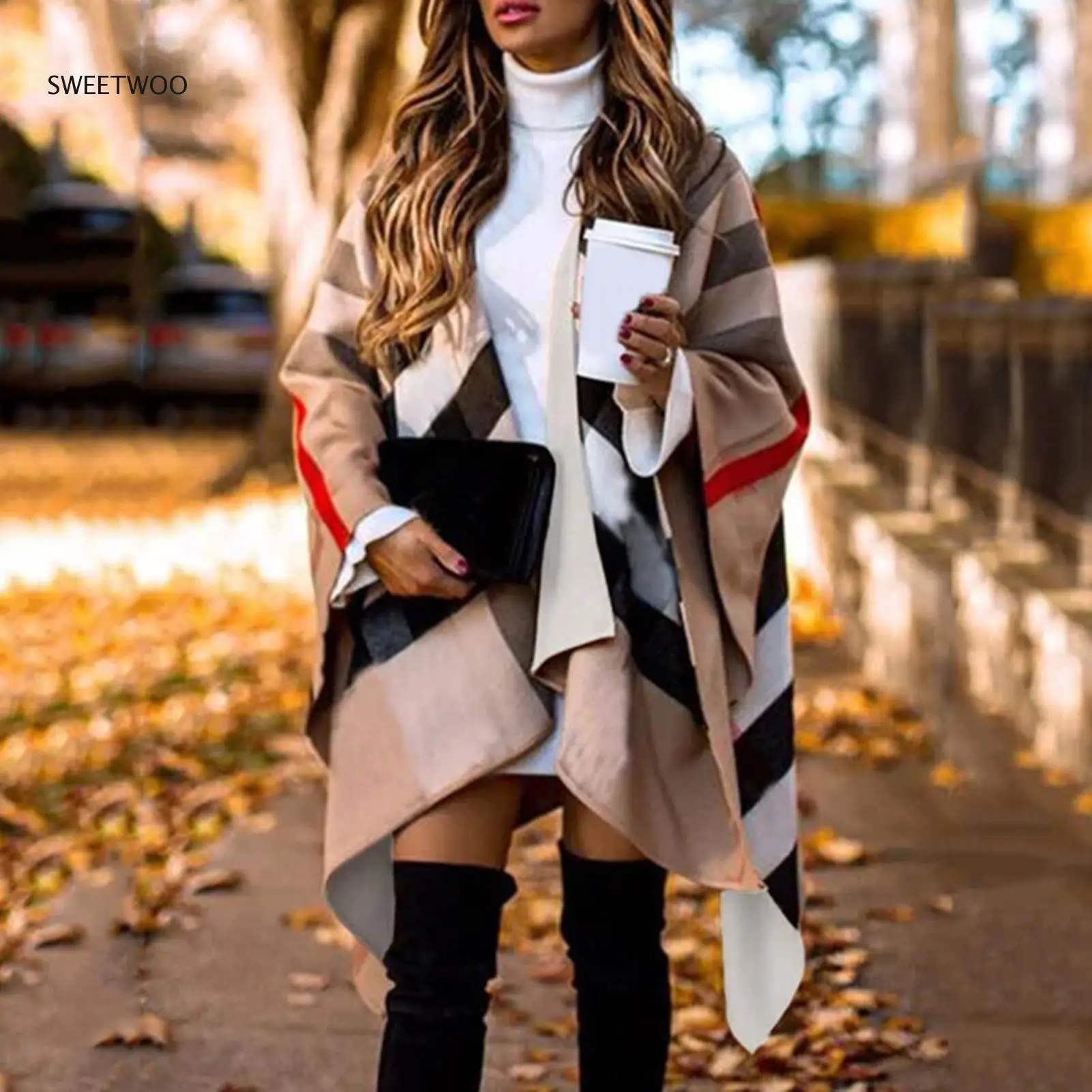 

Autumn Winter Women Fashion Loose Batwing Sleeve Coat Plaid Stripes Poncho Scarf Shawl Outwear
