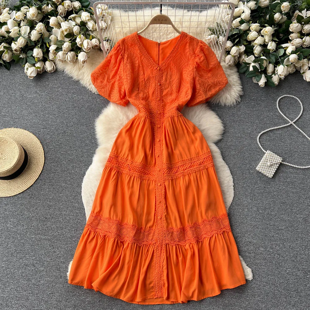 Summer Vintage Dress Women's Lace Hooked V-Neck Bubble Sleeve Design Premium Princess Dress
Summer Vintage Dress Women's Lace Hooked V-Neck Bubble Sleeve Design Premium Princess Dress