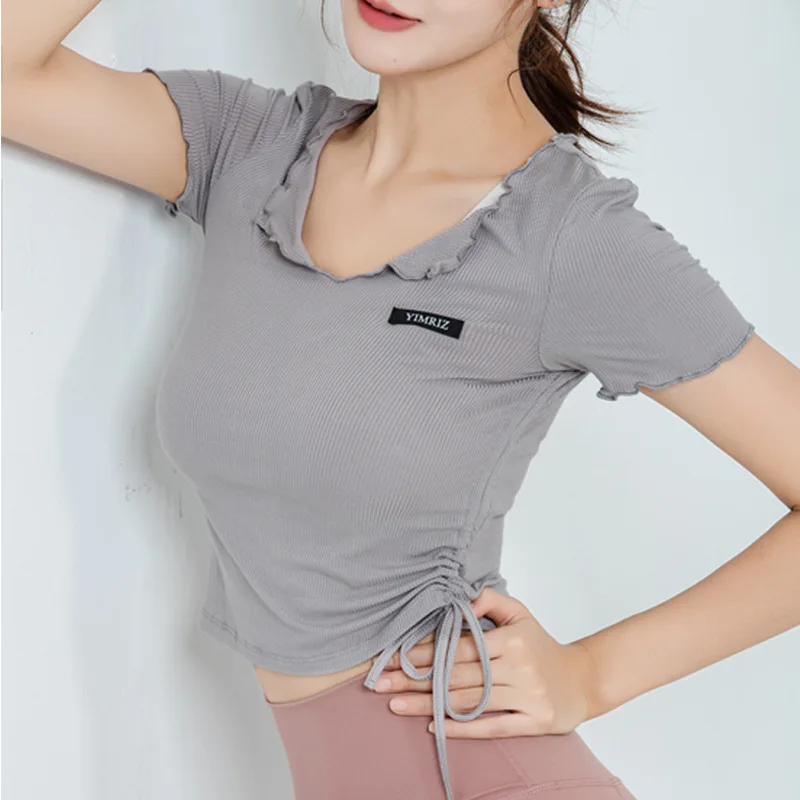 Bauhinia Drawstring Yoga Shirts for Women Fashion Falbala Collar Crop Top Summer Breathable Running T-shirts Women Solid Tops
Bauhinia Drawstring Yoga Shirts for Women Fashion Falbala Collar Crop Top Summer Breathable Running T-shirts Women Solid Tops