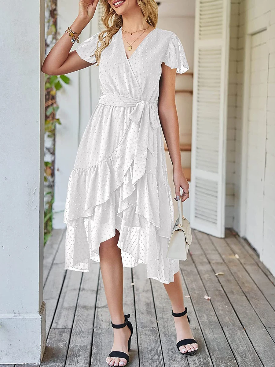 

Elegant Swiss Dot Midi Dress with Ruffle Sleeves and Tie-Up Belt - Perfect for Summer Beach Days and Casual Outings