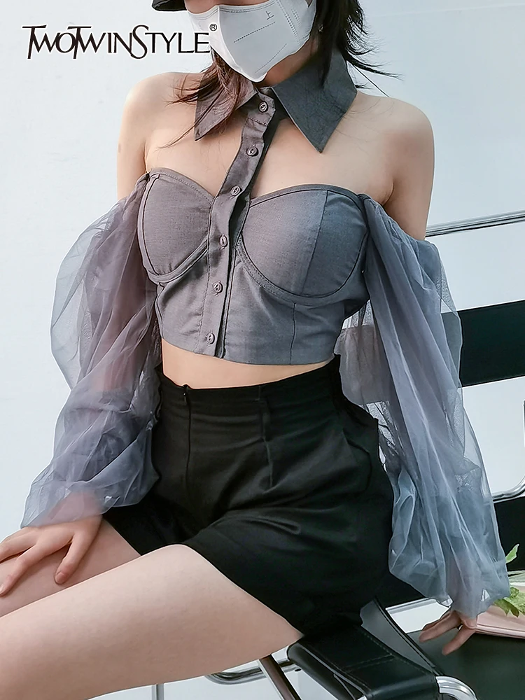TWOTWINSTYLE Cut Out Shirt For Women Lapel Lantern Sleeve Patchwork Mesh Slim Blouses Female Korean Fashion Clothing Style New
TWOTWINSTYLE Cut Out Shirt For Women Lapel Lantern Sleeve Patchwork Mesh Slim Blouses Female Korean Fashion Clothing Style New