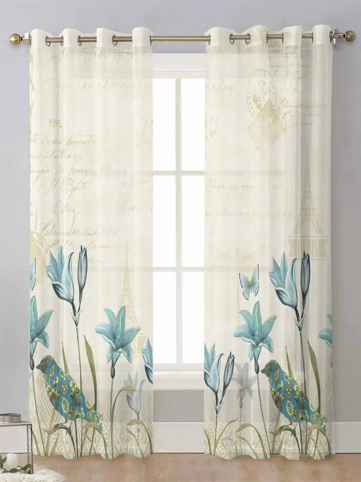 

Rustic Vintage Tulip Flower Bird Sheer Curtains For Living Room Window Voile Tulle Curtain Cortinas Drapes Home Decor