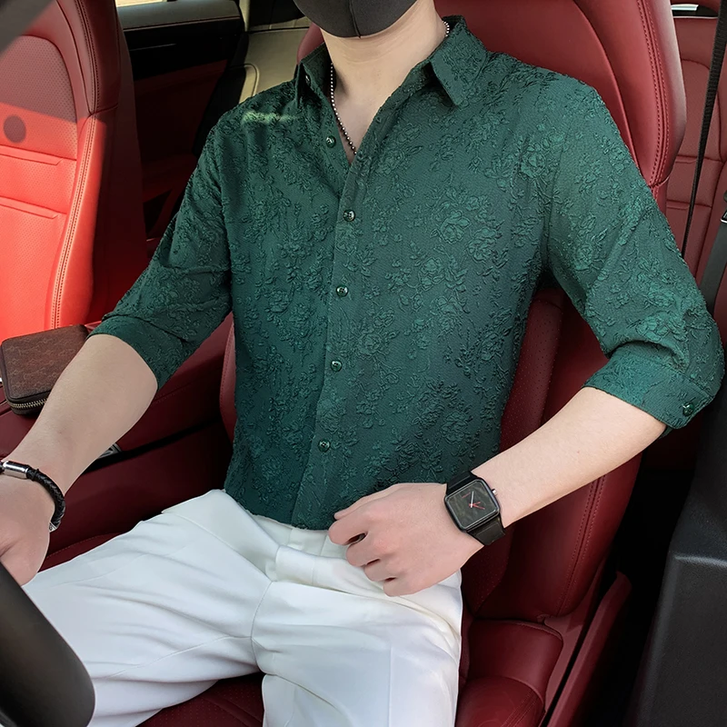 Рубашка мужская с принтом, модная облегающая блузка, смокинг с рукавом до локтя, черный/белый/зеленый, 4XL-M, весна-лето 2022 
Рубашка мужская с принтом, модная облегающая блузка, смокинг с рукавом до локтя, черный/белый/зеленый, 4XL-M, весна-лето 2022