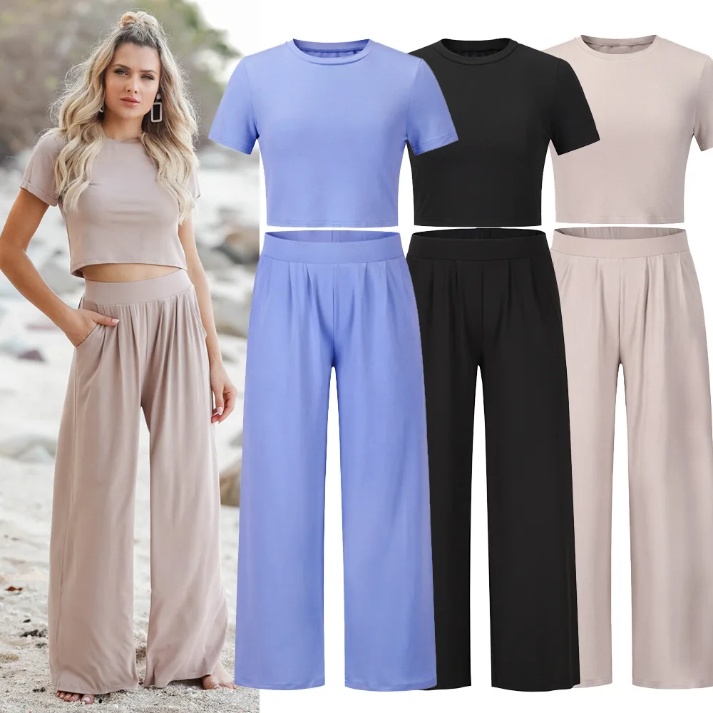 2023 Summer Short Sleeve 2 Piece Sets Women Outfit Casual Basic Solid Color O Neck Top Elastic Waist Wide Leg Pants Set Homewear
2023 Summer Short Sleeve 2 Piece Sets Women Outfit Casual Basic Solid Color O Neck Top Elastic Waist Wide Leg Pants Set Homewear