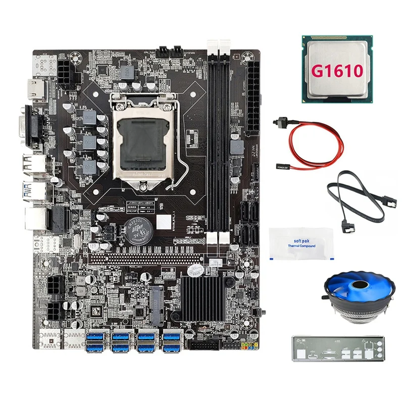 B75 8USB ETH Mining Motherboard+G1610 CPU+Fan+Switch Cable+SATA Cable+Baffle+Thermal Grease B75 BTC Miner Motherboard
B75 8USB ETH Mining Motherboard+G1610 CPU+Fan+Switch Cable+SATA Cable+Baffle+Thermal Grease B75 BTC Miner Motherboard