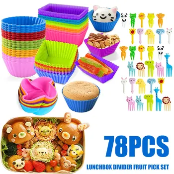 78Pcs Lunch Box Dividers with Fruit Fork Bento Silicone Cupcake Liners Heat Resistant Muffin Cups Baking Cake Molds Set for Kids