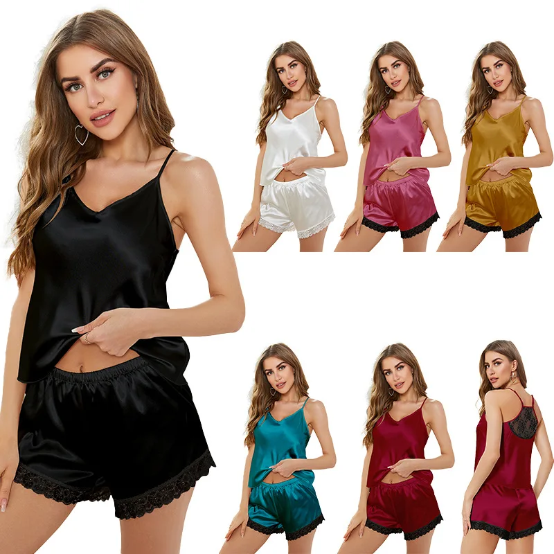 New Women's Pajamas Ice Silk Strap Shorts Sexy Sleepwear Lace Splice Nightwear for Women In Summer
New Women's Pajamas Ice Silk Strap Shorts Sexy Sleepwear Lace Splice Nightwear for Women In Summer