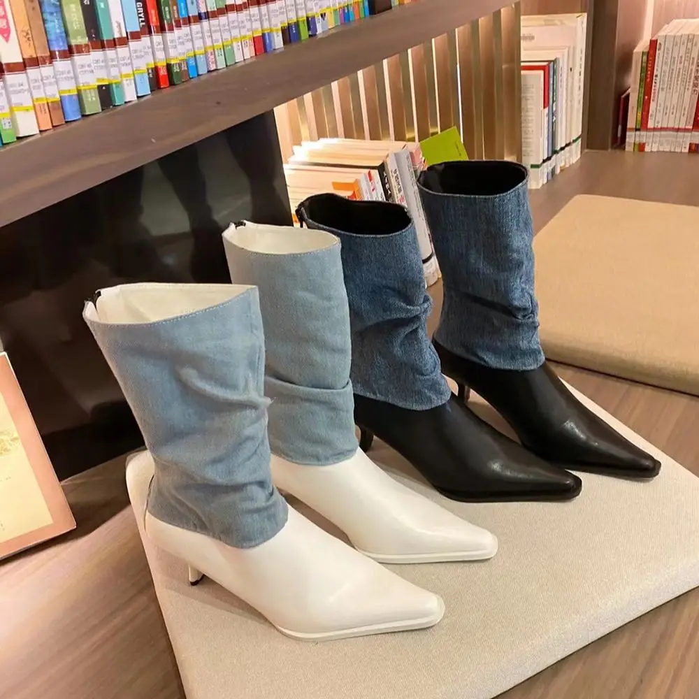 Fashion Women Mid Calf Booties Denim Mixed Color Sexy Autumn Winter Booties Back Zipper Black White Party Pumps Shoes Woman 39
Fashion Women Mid Calf Booties Denim Mixed Color Sexy Autumn Winter Booties Back Zipper Black White Party Pumps Shoes Woman 39
