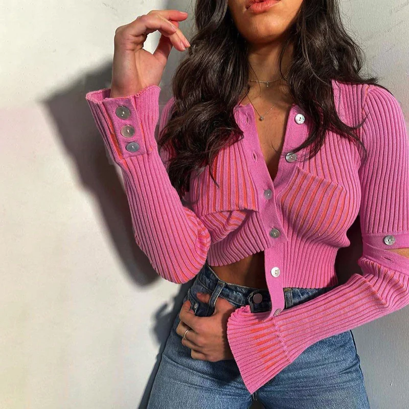 Womens Cropped Ribbed Cardigan Knit Top Spread Collar Button Up Asymmetrical Detachable Flare Sleeve Pink Sweater With Collar
Womens Cropped Ribbed Cardigan Knit Top Spread Collar Button Up Asymmetrical Detachable Flare Sleeve Pink Sweater With Collar