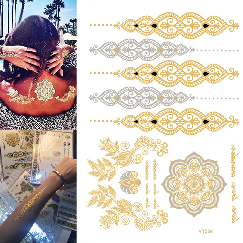 Sexy Boho Temporary Tattoo Women Party Body Arm Art Fake Flash Tattoos Gold Metallic Tattoo Stickers Girl Bracelet Wrist
Sexy Boho Temporary Tattoo Women Party Body Arm Art Fake Flash Tattoos Gold Metallic Tattoo Stickers Girl Bracelet Wrist
