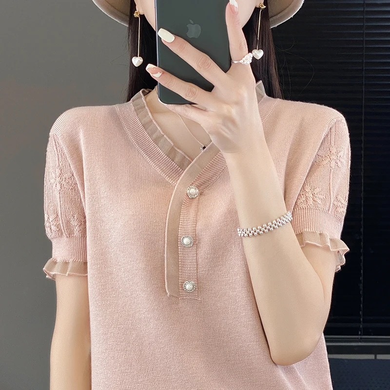 S-XXL Women's V-neck Sweater T-shirt Short Sleeve Knitted Fashion Trend Pullover Women's Fine Imitation Wool T-shirt Hot Selling
S-XXL Women's V-neck Sweater T-shirt Short Sleeve Knitted Fashion Trend Pullover Women's Fine Imitation Wool T-shirt Hot Selling