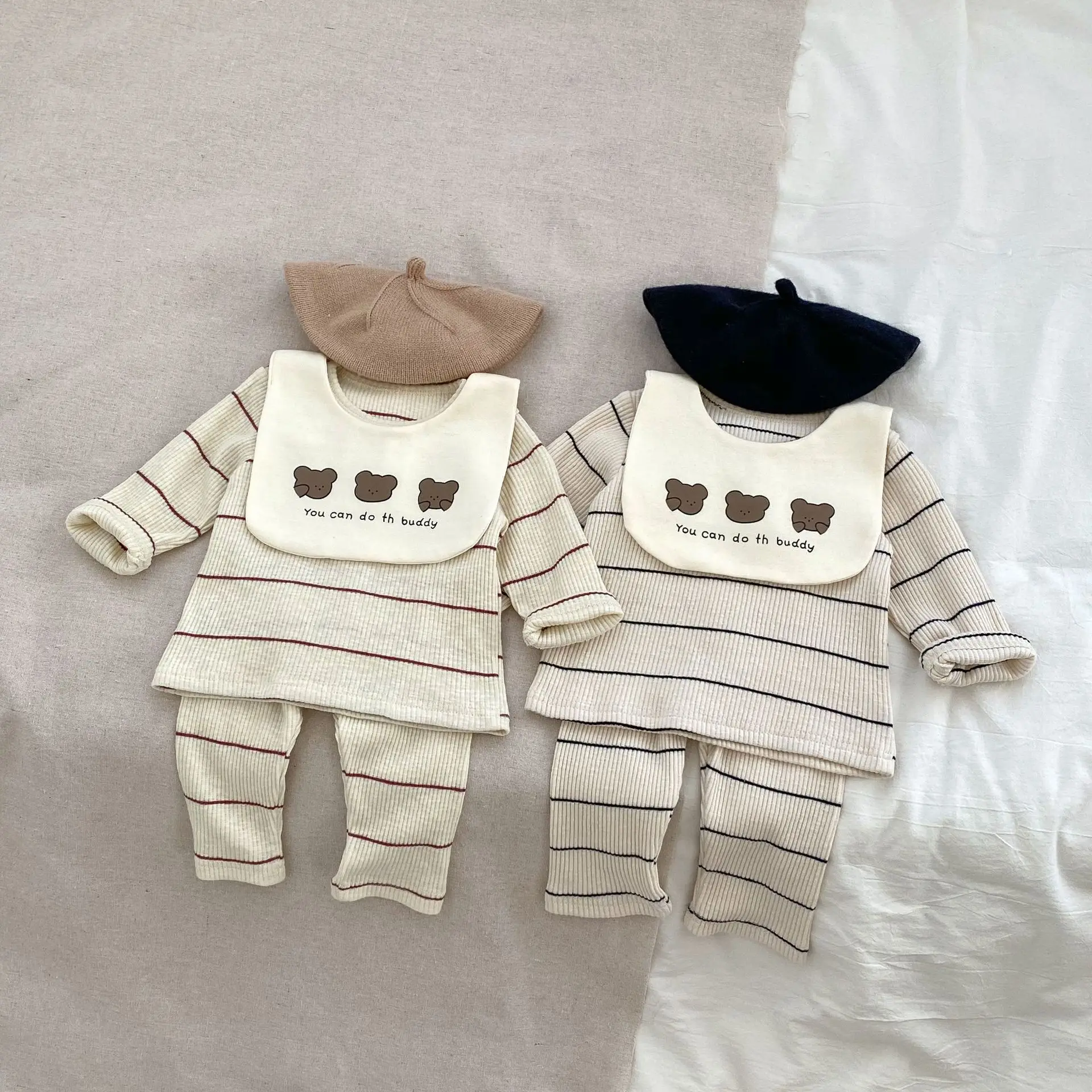 Autumn Children Striped Pajamas Suit Boy Girl Baby Homewear Casual Tops + Pants + Cartoon Bear Bibs 3pcs Kid Cotton T-shirt Set
Autumn Children Striped Pajamas Suit Boy Girl Baby Homewear Casual Tops + Pants + Cartoon Bear Bibs 3pcs Kid Cotton T-shirt Set