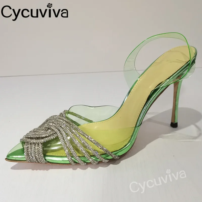 

New Crystal PVC Women Pumps Thin High Heel Mules Runway Party Wedding Jelly Shoes Women Slingback Summer Sandalias Mujer 2022