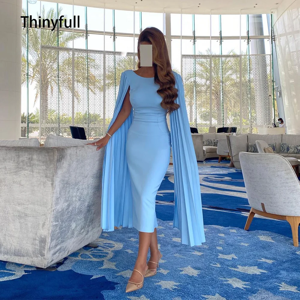 

Thinyfull Sky Blue Saudi Arabia Mermaid Evening Party Dress with Cape Stain Prom Gowns Dubai Tea Length Formal Occasion Dresses