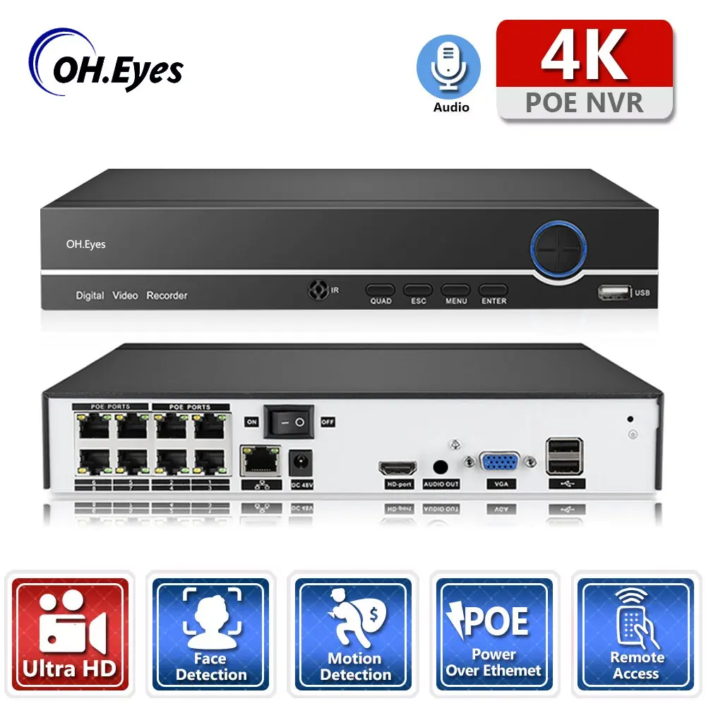 AI Face Detection Recognition 48V POE NVR 8CH 4K 8MP 5MP 2MP Audio Surveillance Security Video Recorder For POE IP Camera HDD 4T
AI Face Detection Recognition 48V POE NVR 8CH 4K 8MP 5MP 2MP Audio Surveillance Security Video Recorder For POE IP Camera HDD 4T