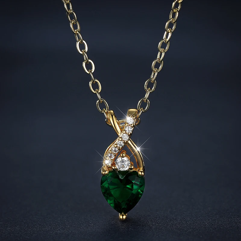 

Cute Dainty CZ Stone Emerald Heart Pendant Necklace for Women 18K Gold Plated Birthstone Clavicle Chain Girls Banquet Jewelry
