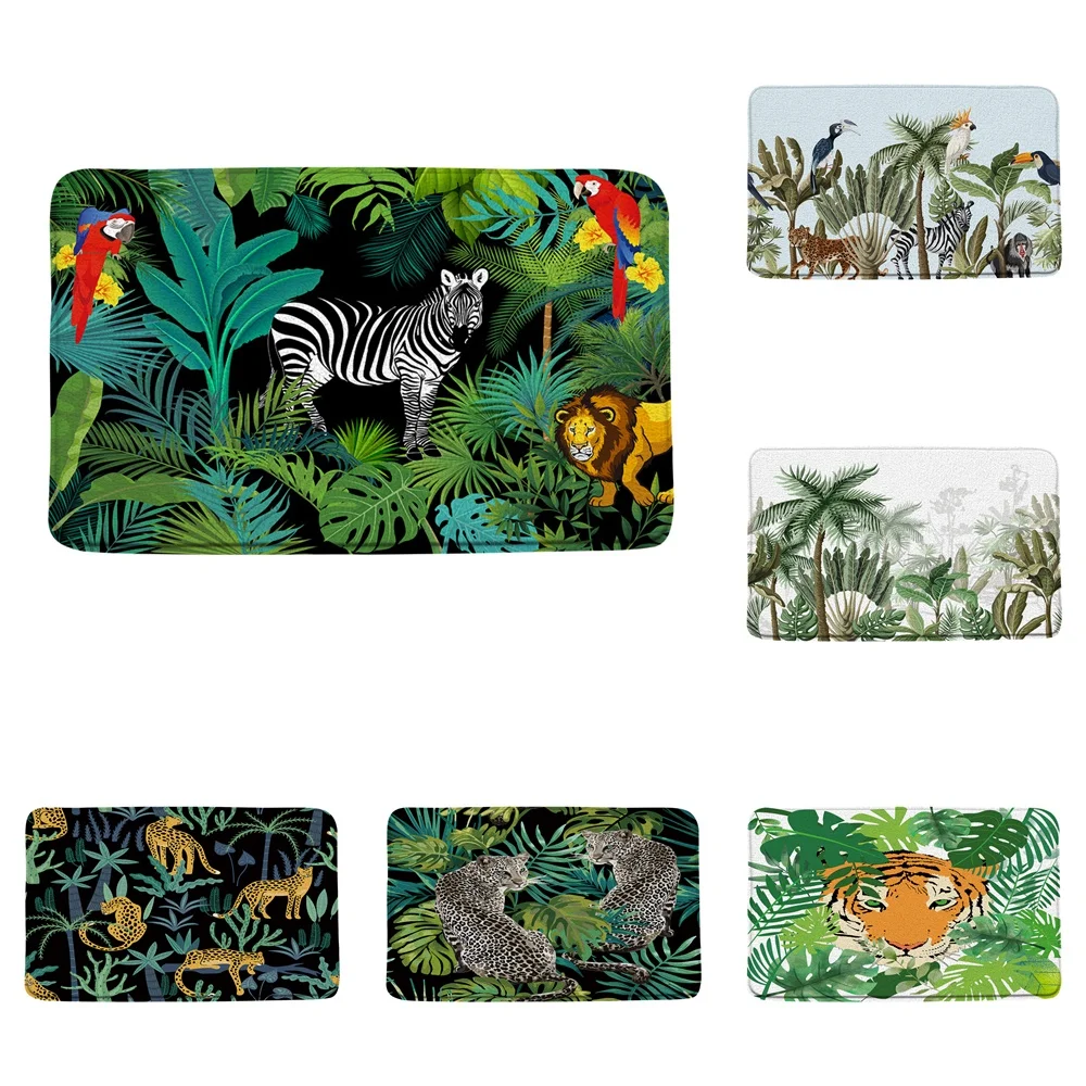 

Zebra Green Leaves Bath Mats Tropical Jungle Plant Lion Leopard Parrot Animal Doormat Non-Slip Bathroom Rug Kitchen Floor Carpet