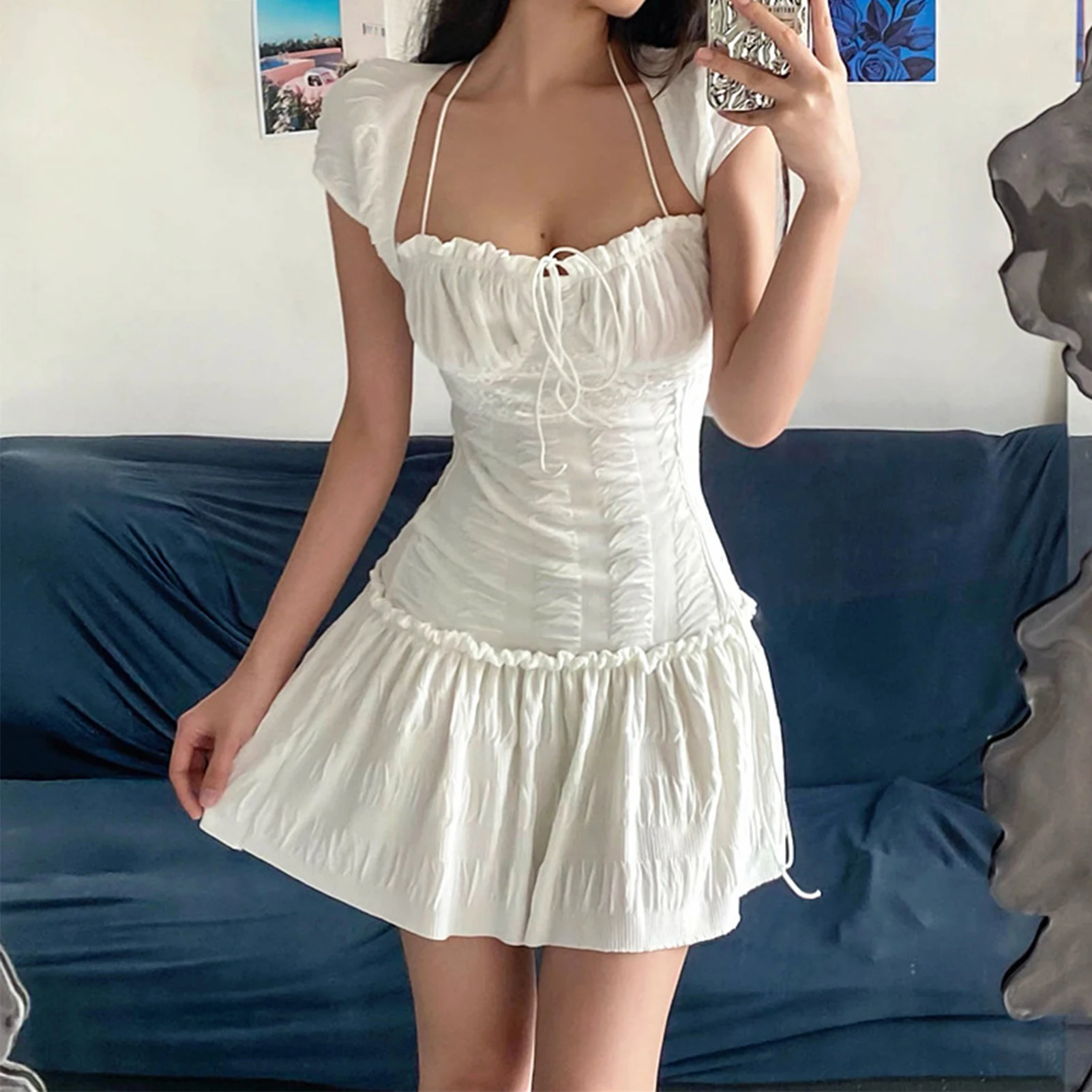 2023 Summer Women White Mini Dress Fashion Short Sleeve Square Neck Lace up Dress Female Elegant Casual Slim Pleated Dresses Y2K
2023 Summer Women White Mini Dress Fashion Short Sleeve Square Neck Lace up Dress Female Elegant Casual Slim Pleated Dresses Y2K