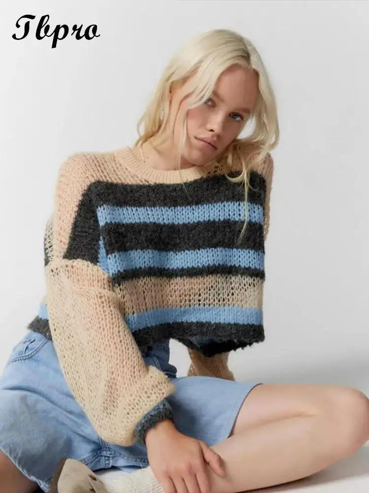 Women's Blue Striped Short Sweater Loose O Neck Long Sleeve Knit Pullover New Autumn Oversize Female Thick Crop Tops 2023 
Women's Blue Striped Short Sweater Loose O Neck Long Sleeve Knit Pullover New Autumn Oversize Female Thick Crop Tops 2023