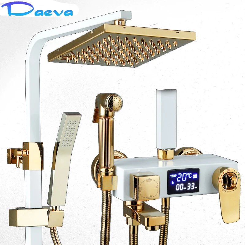 

Brass Thermostatic Digital Display Shower Faucet Set Bathroom Rainfall Shower System Bathtub Mixer Crane Bidet 8Inch Head Spray