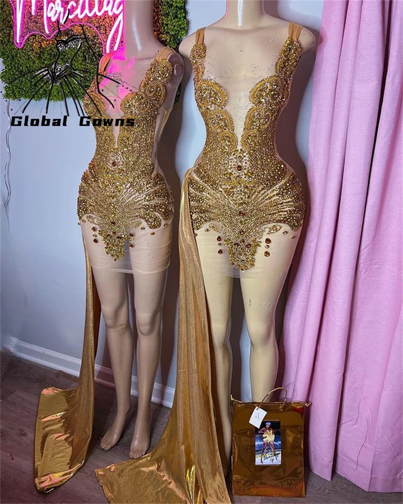 

Sexy Gold Sweetheart Short Prom Dress For Black Girls Beaded Crystal Birthday Party Dresses Mermaid Mini Cocktail Homecoming Rob