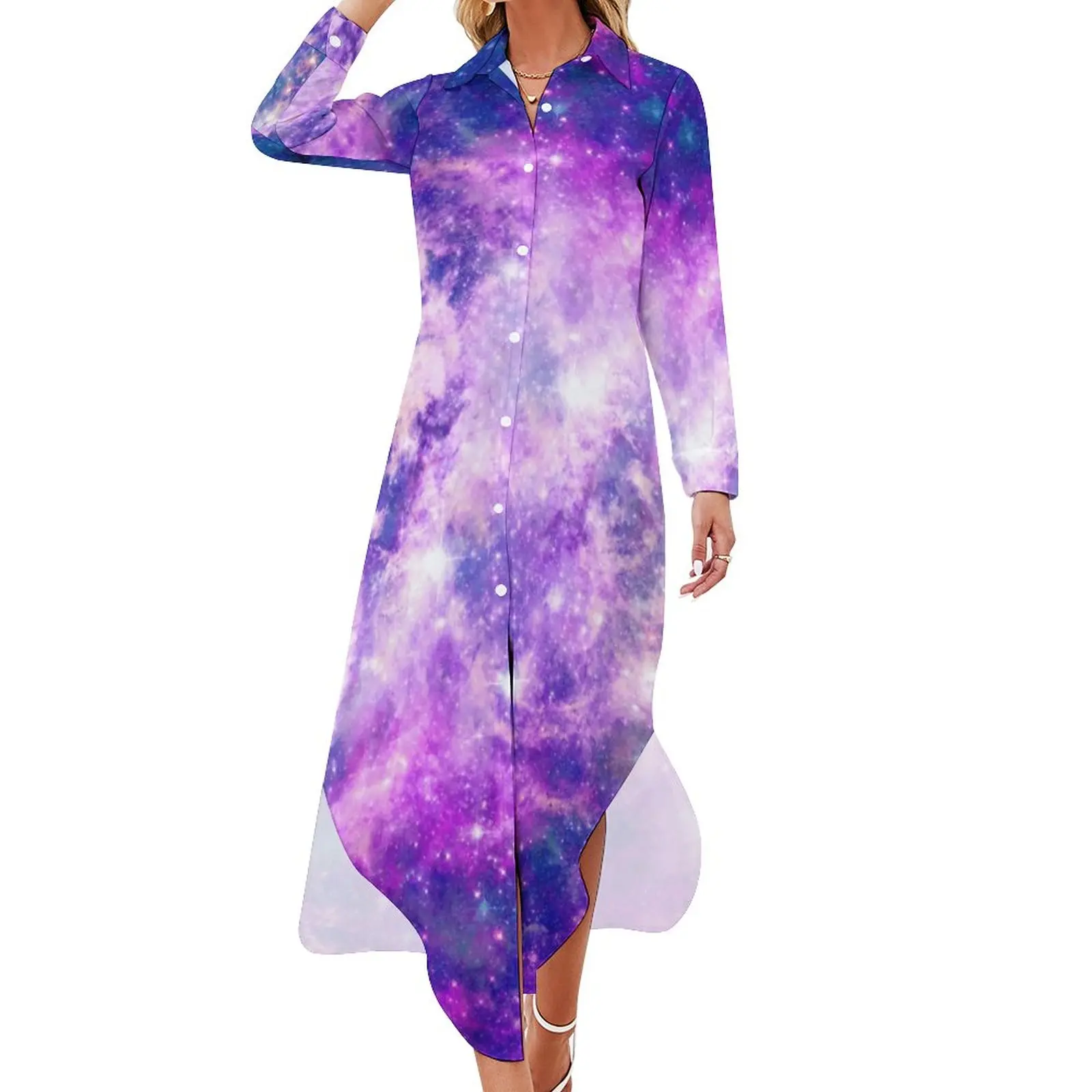 

Purple Starry Space Casual Dress Galay Print Street Style Dresses Sexy V Neck Kawaii Chiffon Dress Long Sleeve Vestido 4XL 5XL