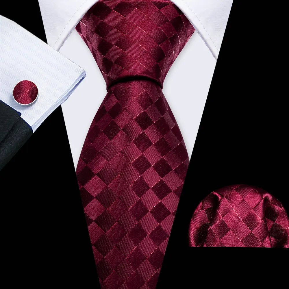 

Dark Red Plaid Tie For Men With Pocket Square Cufflink Set Fashion Woven Suit Necktie Male Formal Designer Party Barry.Wang 6663