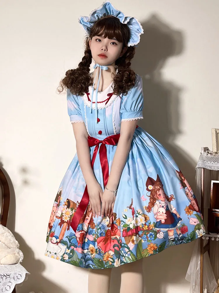 

KIMOKOKM Lolita Style Sweety Girly Dress Kawaii O-Neck Bow Contrasting Colors Garden Printing Puff Sleeve Lace Ruffles Dresses