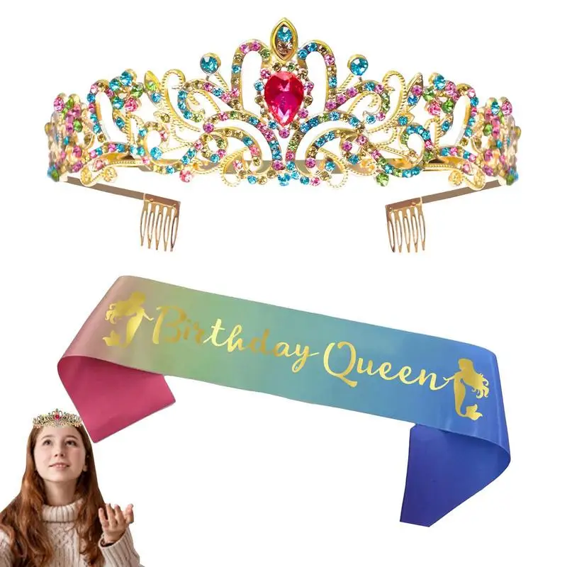 

Birthday Party Etiquette Belt Crystal Crown Tiara Birthday Shoulder Strap Anniversary Rainbow Gradient Birthday Sash And Tiara