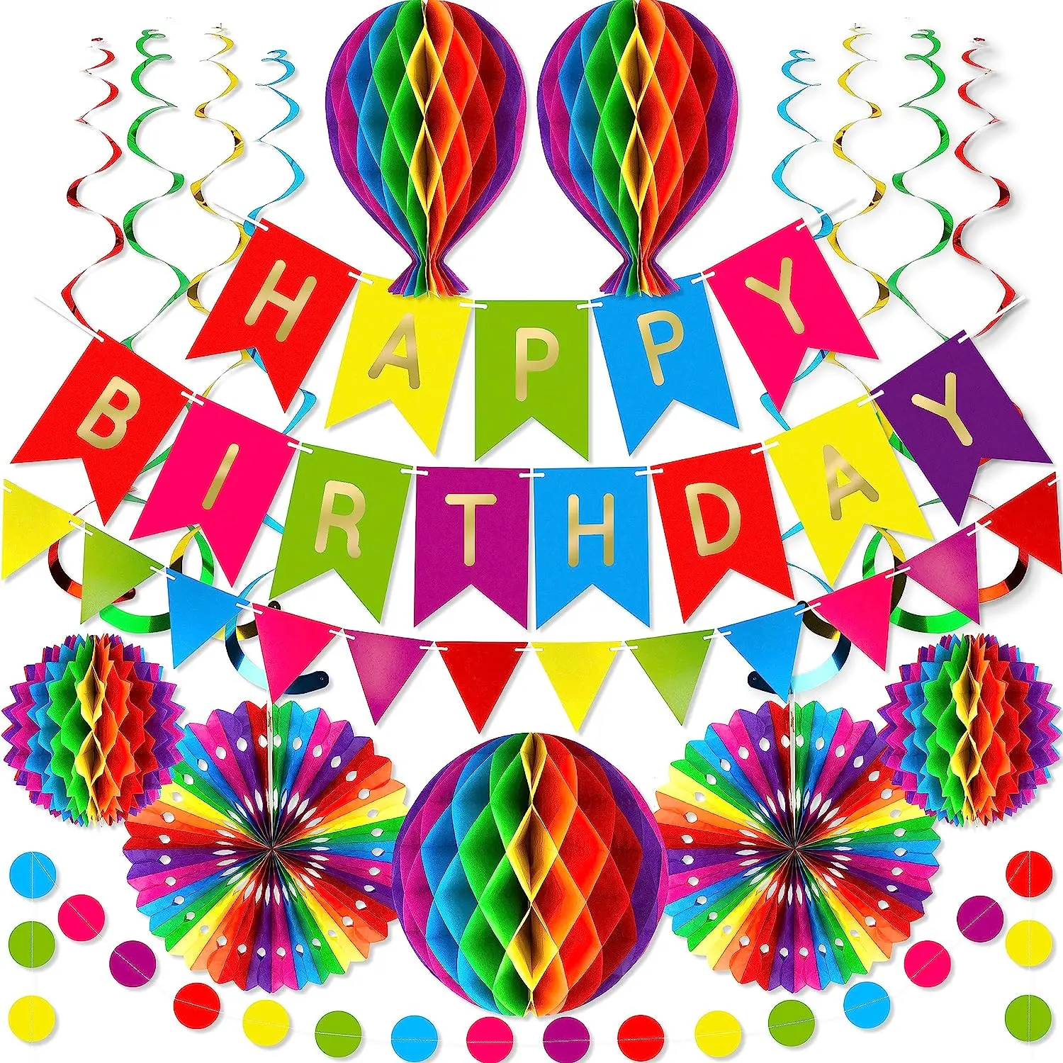 Rainbow Birthday Party Decorations with Happy Birthday Banner Honeycomb Ball Paper Garland Swirl Decor for Party Background
Rainbow Birthday Party Decorations with Happy Birthday Banner Honeycomb Ball Paper Garland Swirl Decor for Party Background