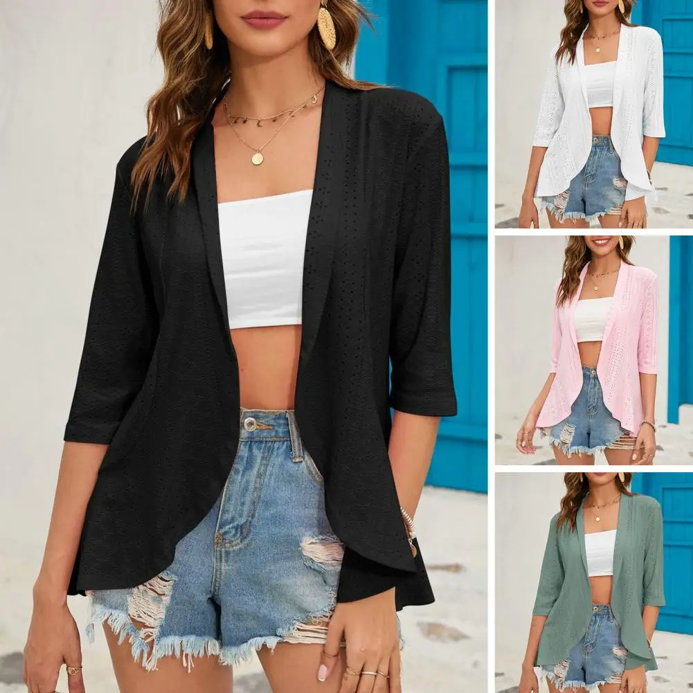 Women Summer Lapel 3/4 Sleeve Hollow Out Cardigan Boho Tops Solid Color Open Front Coat Draped Ruffle Hem Shirt Thin Outerwear
Women Summer Lapel 3/4 Sleeve Hollow Out Cardigan Boho Tops Solid Color Open Front Coat Draped Ruffle Hem Shirt Thin Outerwear