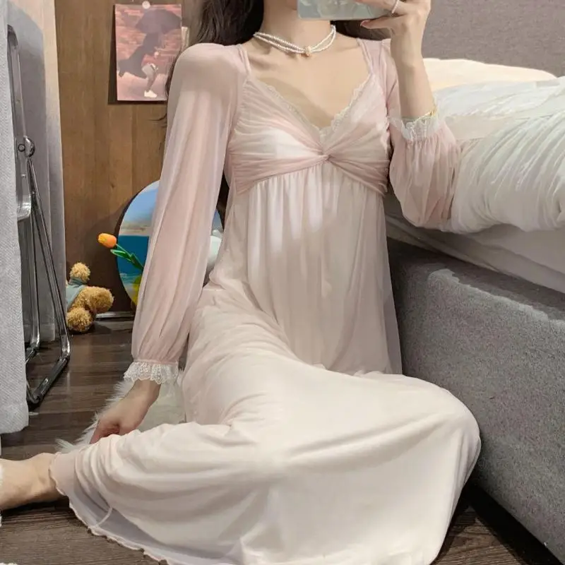 Spring New Lace Mesh Night Dress Women Princess Long Sleepwear Nightgown Women's With Bra Nightwear Sexy Woman Home Dresses
Spring New Lace Mesh Night Dress Women Princess Long Sleepwear Nightgown Women's With Bra Nightwear Sexy Woman Home Dresses
