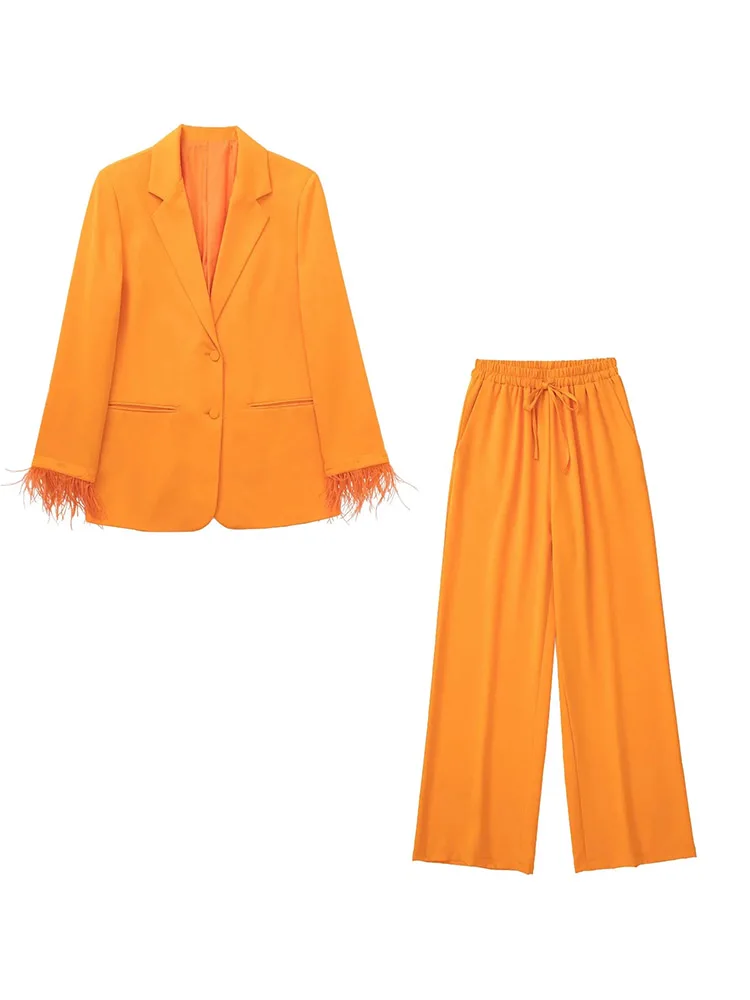 xikom Women Fashion With Feathers Satin Blazer Coat And High Elastic Waist With Drawstring Ankle Trousers Female Suits Mujer 
xikom Women Fashion With Feathers Satin Blazer Coat And High Elastic Waist With Drawstring Ankle Trousers Female Suits Mujer